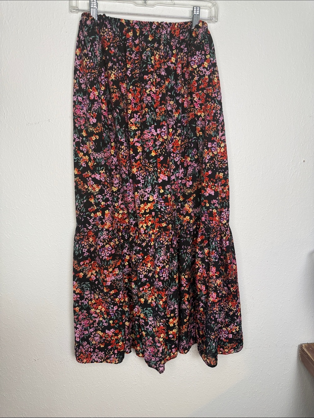 Black Floral Tiered Maxi Skirt with Pink & Orange Accents